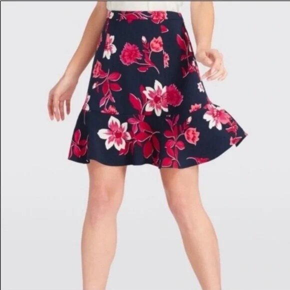 Draper James Elliston Skirt Size 12 Floral A Line Navy Blue Pink Feminine Boho - Picture 1 of 8